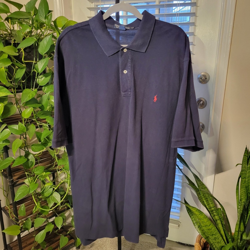 Polo Ralph Lauren Mens XLT Tall Navy Blue Pique Short Sleeve Polo Shirt Red Pony